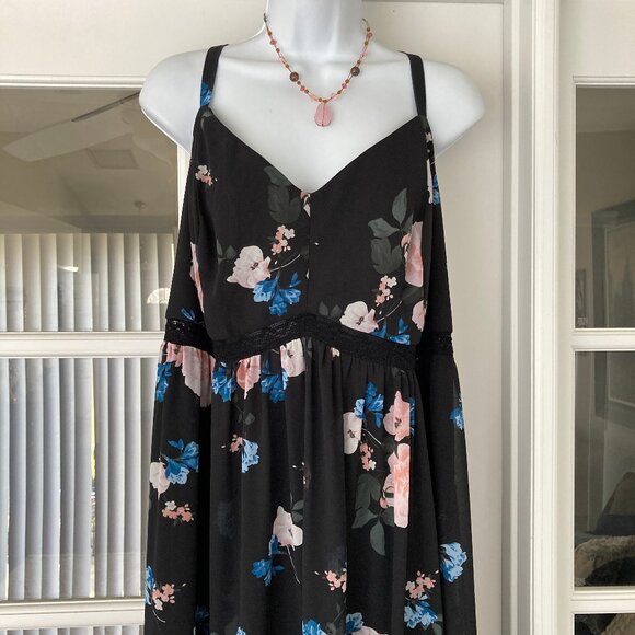 Torrid Black Pink Floral Slip Strap Ruffled Hem Maxi Dress  3 - Picture 4 of 16